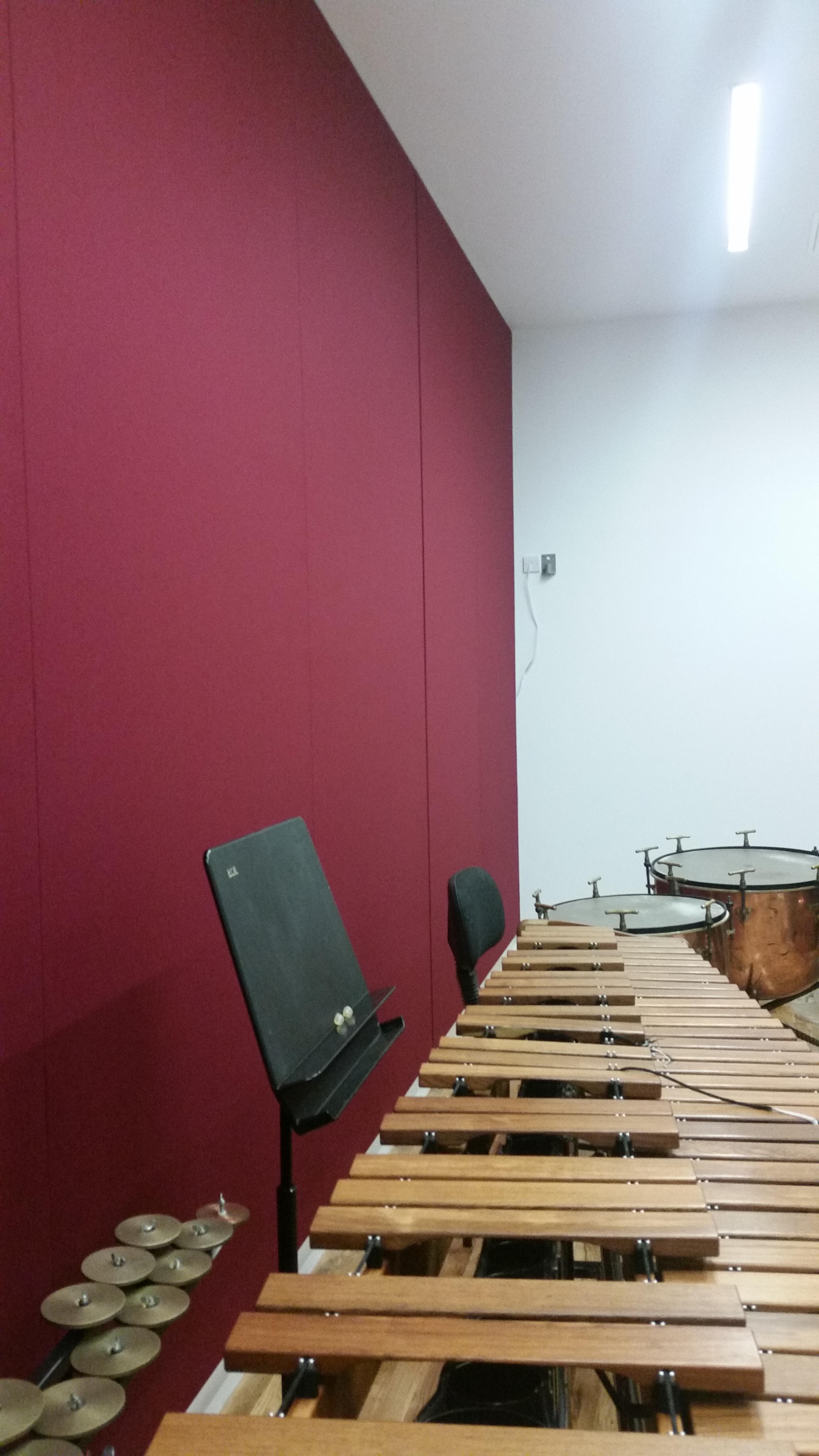 Fabric acoustic wall panels installed in a music studio with instruments