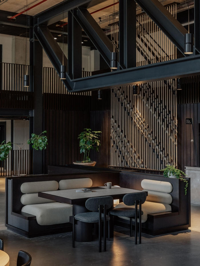 Timber fin and slatted acoustic treatment in a hospitality interior