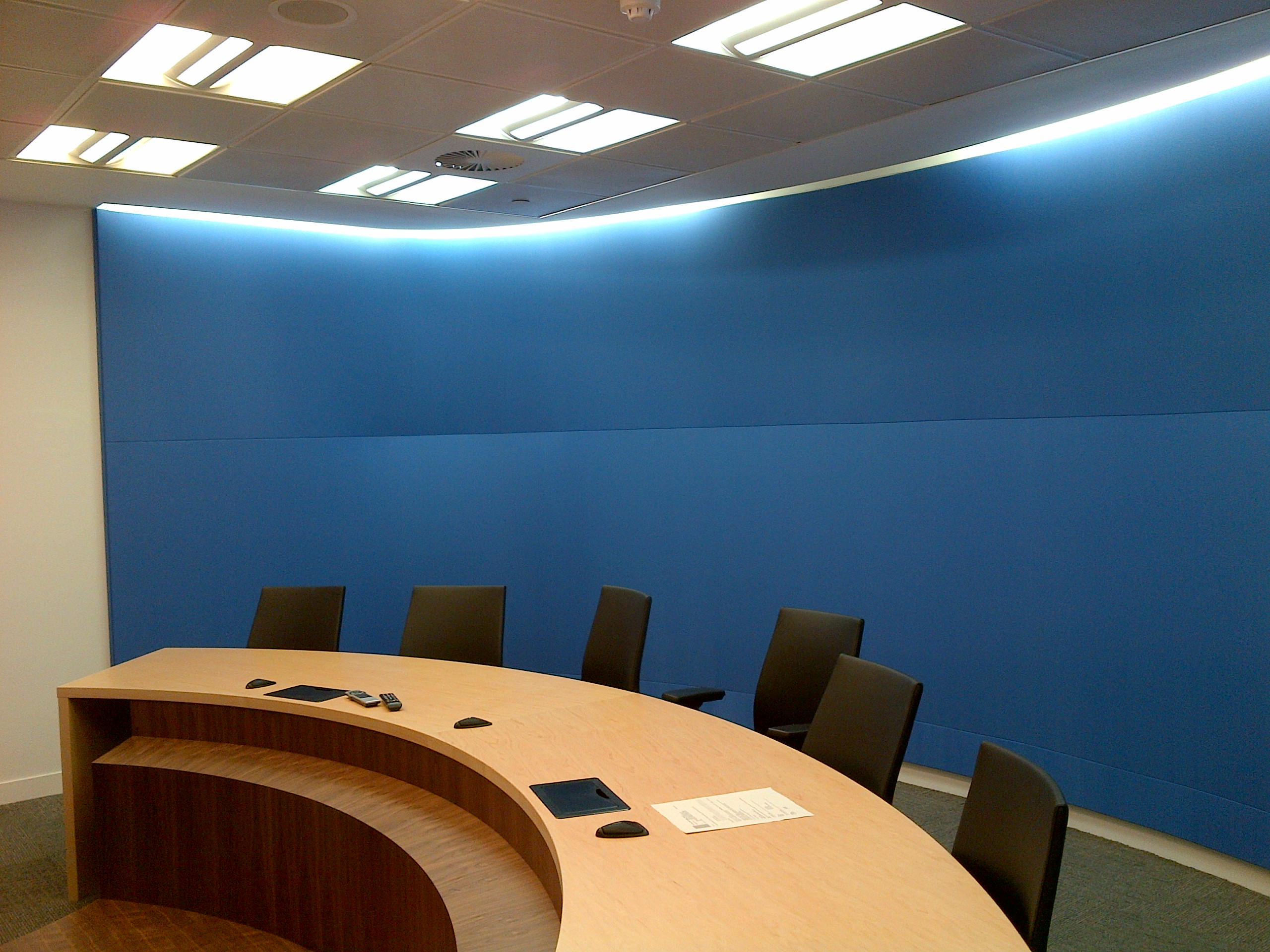 Textured leather acoustic wall finish with natural timber detailing