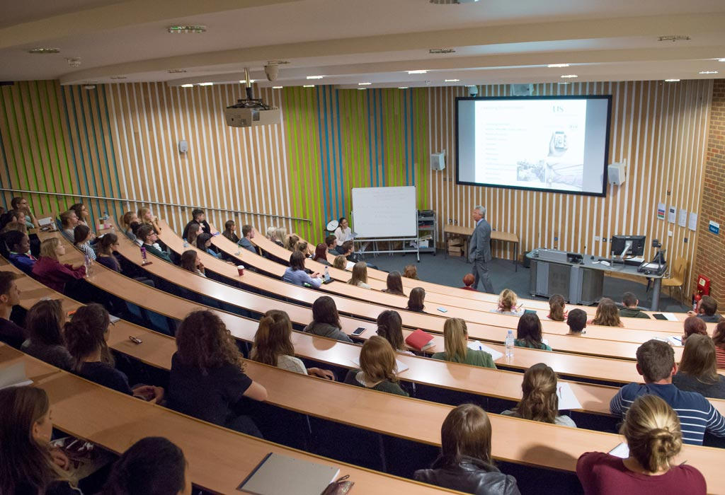 Acoustic wall treatment installed in a university lecture theatre
